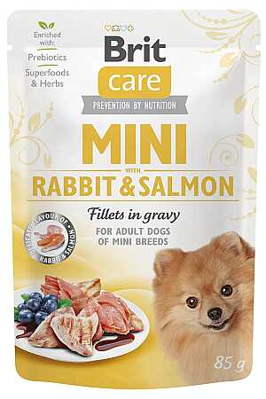 Brit Care Sos İçinde Tavşanlı ve Somon Balıklı Küçük Irk Yetişkin Köpekler İçin Fileto Parçaları 85gr