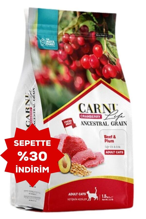 Carni Life Cranberry Ancestral Grain Sığır ve Erik Yetişkin Kedi Maması 1,5kg
