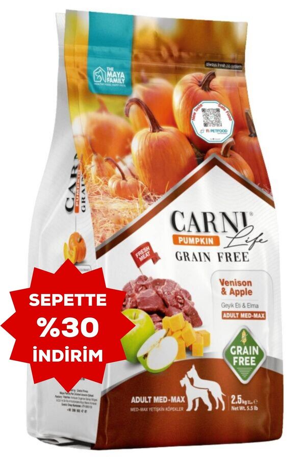 Carni Life Pumpkin Tahılsız Köpek Geyik Etli ve Elmalı Medium ve Maxi Yetişkin Köpek Maması 2,5kg