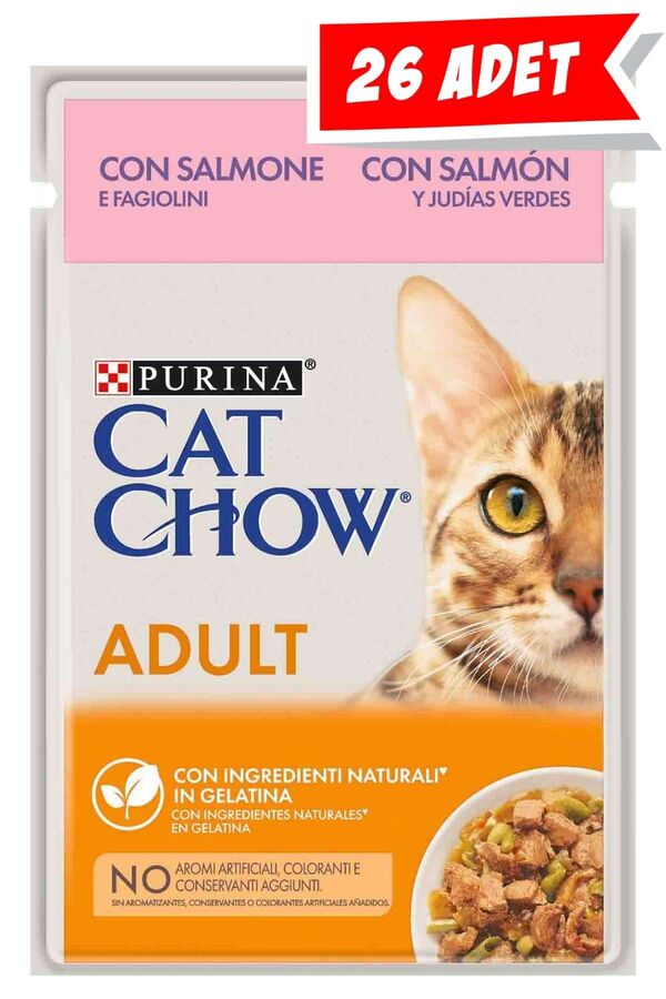 Cat Chow Pouch Jöle İçinde Somonlu ve Yeşil Fasulyeli Yetişkin Kedi Konservesi 26x85gr 26lı