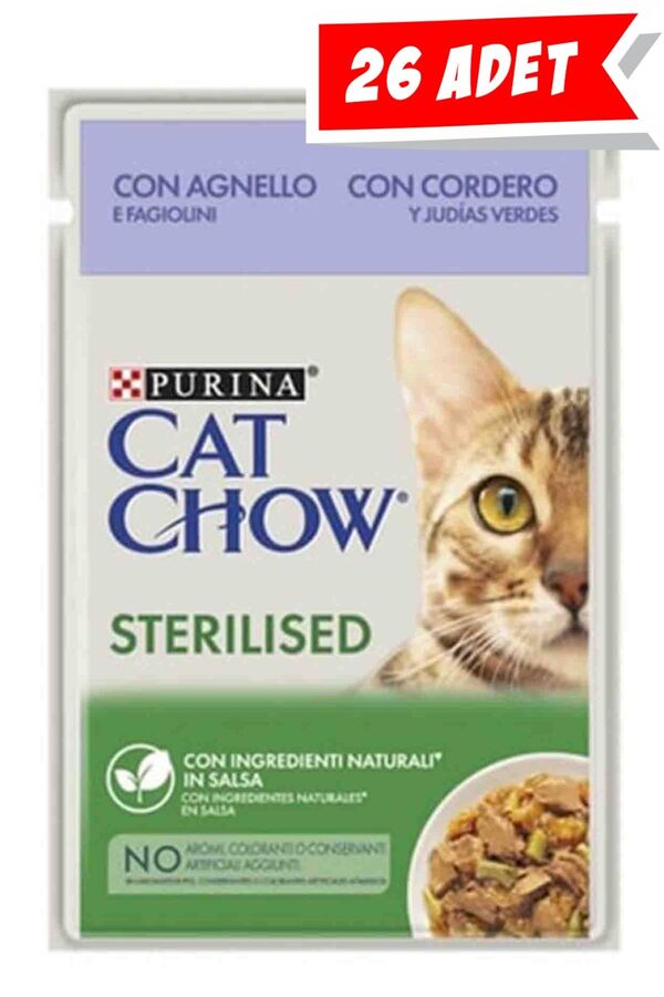 Cat Chow Pouch Sos İçinde Kuzu Etli ve Yeşil Fasulyeli Kısırlaştırılmış Kedi Konservesi 26x85gr 26lı