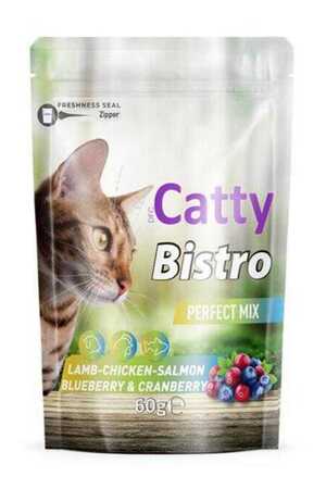 CATTY - Catty Bistro Mükemmel Karışım Kuzulu Tavuklu Somonlu Yaban Mersinli ve Kızılcıklı Kedi Ödül Maması 60gr