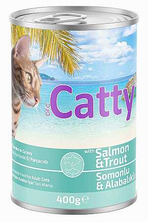 Catty Sos İçerisinde Somon Balıklı ve Alabalıklı Yetişkin Kedi Konservesi 400gr