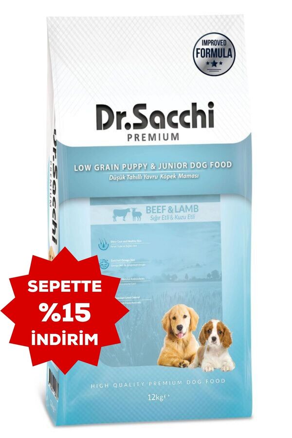 Dr.Sacchi Düşük Tahıllı Sığır Etli ve Kuzu Etli Yavru Köpek Maması 12kg