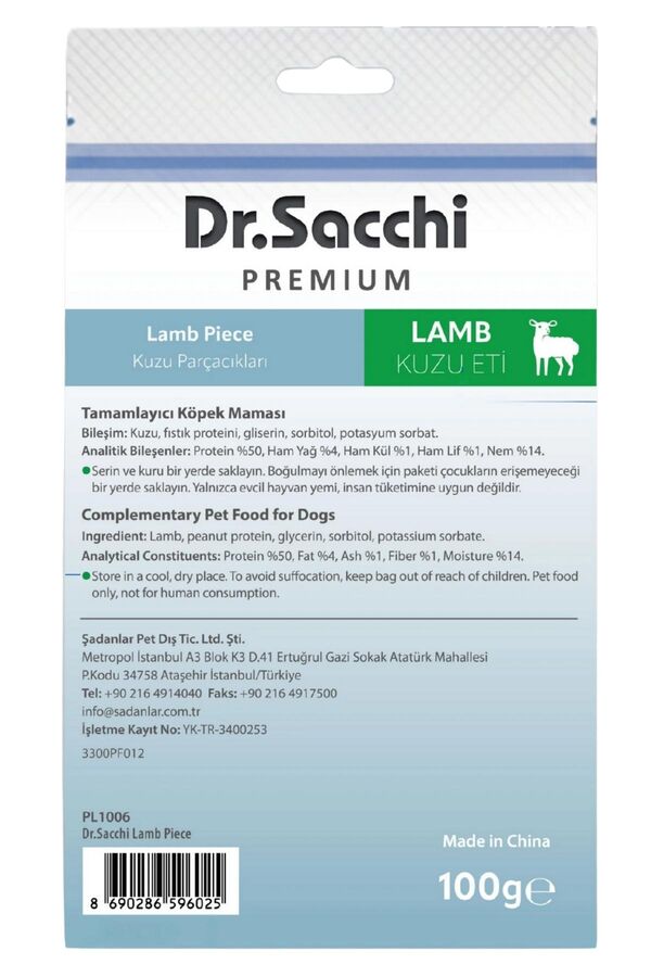 Dr.Sacchi Premium Kuzu Parçacıklı Tahılsız Köpek Ödülü 100gr