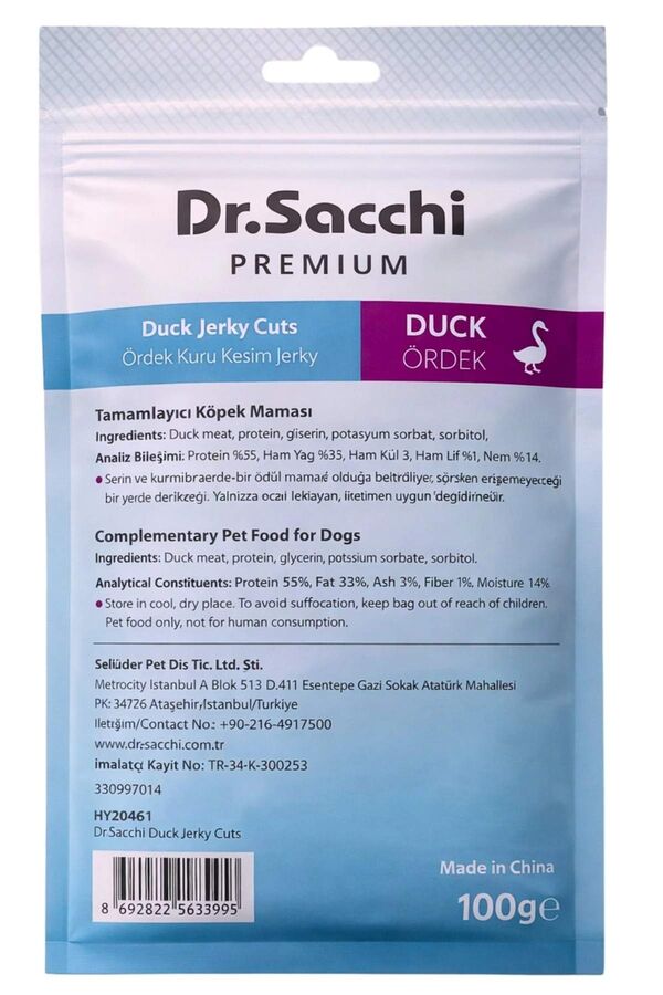 Dr.Sacchi Premium Ördek Kuru Kesim Jerky Tahılsız Köpek Ödülü 100gr