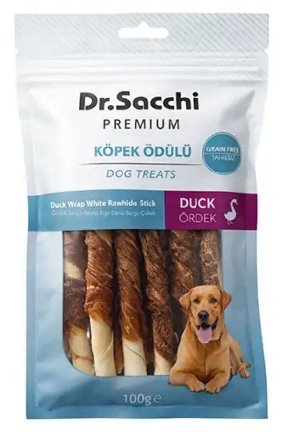 Dr.Sacchi Premium Ördek Sargılı Beyaz Sığır Derisi Burgu Çubuk Tahılsız Köpek Ödülü 5'' 10'lu 100gr