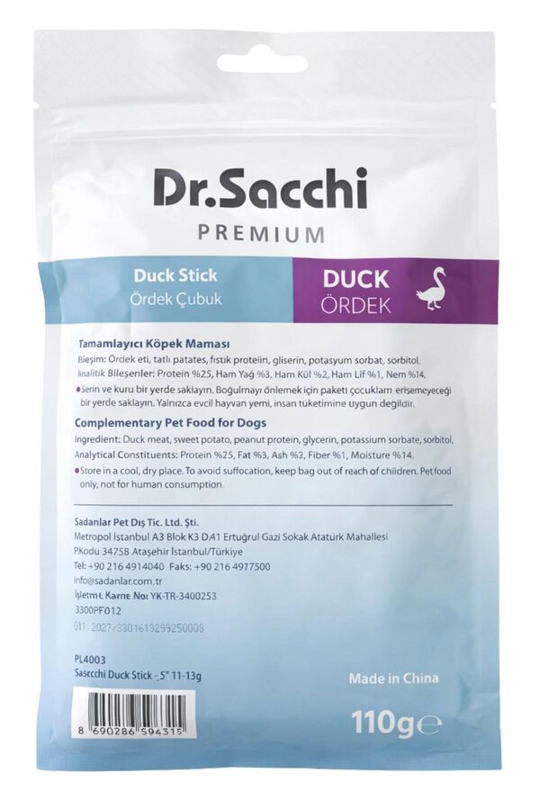 Dr.Sacchi Premium Ördekli Çubuk Tahılsız Köpek Ödülü 5'' 10'lu 110gr