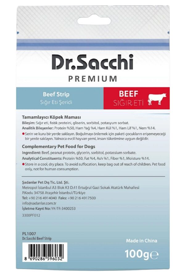 Dr.Sacchi Premium Sığır Eti Şeritli Tahılsız Köpek Ödülü 100gr