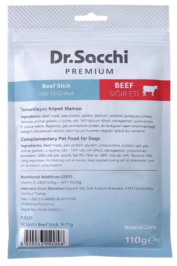 Dr.Sacchi Premium Sığır Etli Çubuk Tahılsız Köpek Ödülü 5'' 10'lu 100gr