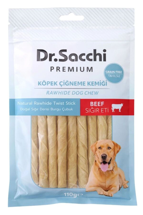 Dr.Sacchi Premium Sığır Etli Doğal Sığır Derisi Burgu Çubuk Tahılsız Köpek Ödülü 5'' 15'li 110gr