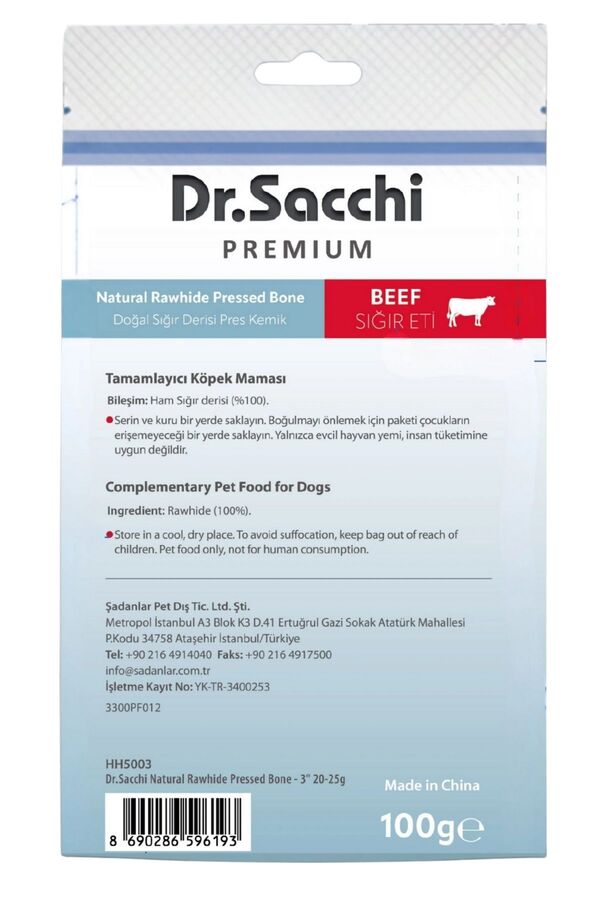Dr.Sacchi Premium Sığır Etli Doğal Sığır Derisi Press Kemik Tahılsız Köpek Ödülü 3'' 5'li 100gr
