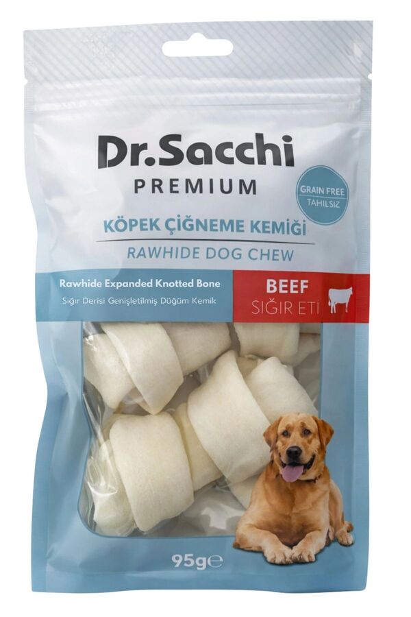Dr.Sacchi Premium Sığır Etli Sığır Derisi Genişletilmiş Düğüm Kemik Tahılsız Köpek Ödülü 2-4'' 3'lü 95gr