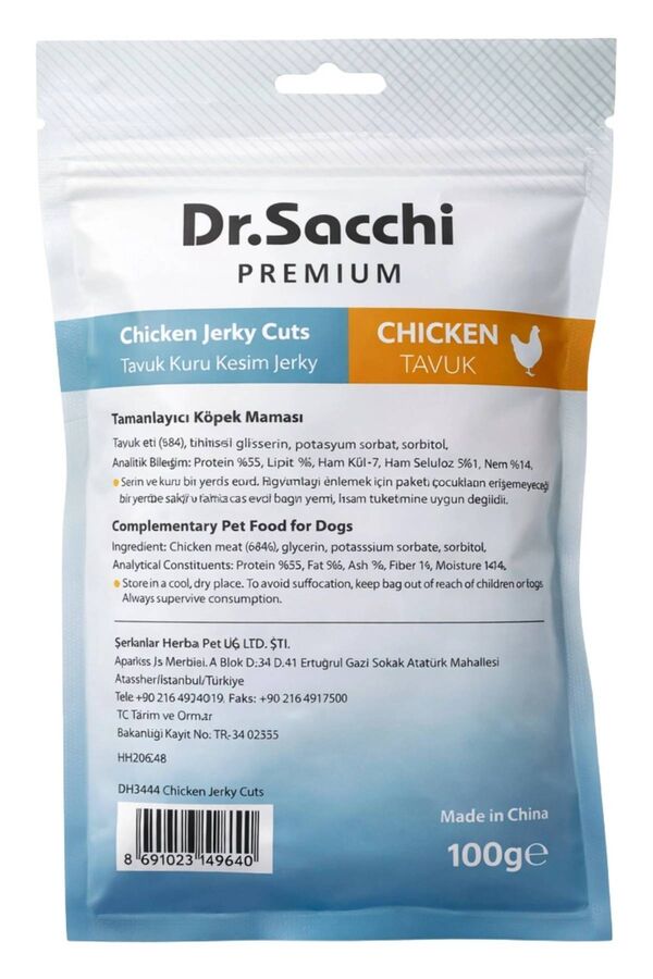 Dr.Sacchi Premium Tavuk Kuru Kesim Jerky Tahılsız Köpek Ödülü 100gr