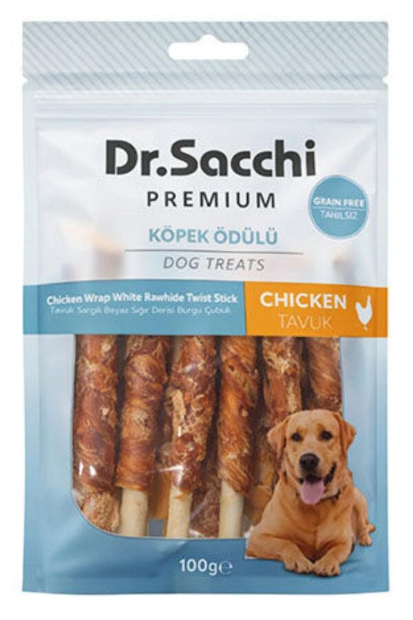 Dr.Sacchi Premium Tavuk Sargılı Beyaz Sığır Derisi Burgu Çubuk Tahılsız Köpek Ödülü 5'' 10'lu 100gr