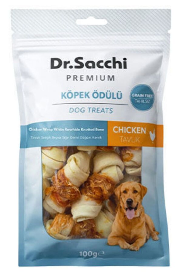 Dr.Sacchi Premium Tavuk Sargılı Beyaz Sığır Derisi Düğüm Kemik Tahılsız Köpek Ödülü 2” 8'li 100gr