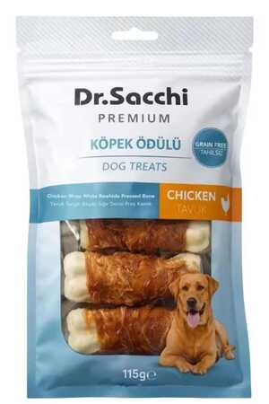 DR.SACCHI - Dr.Sacchi Premium Tavuk Sargılı Beyaz Sığır Derisi Pres Kemik Tahılsız Köpek Ödülü 3” 5'li 115gr