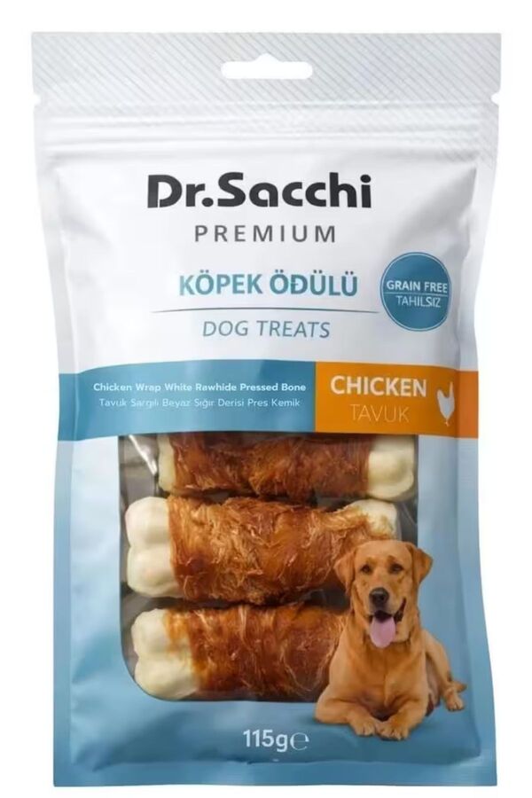 Dr.Sacchi Premium Tavuk Sargılı Beyaz Sığır Derisi Pres Kemik Tahılsız Köpek Ödülü 3” 5'li 115gr