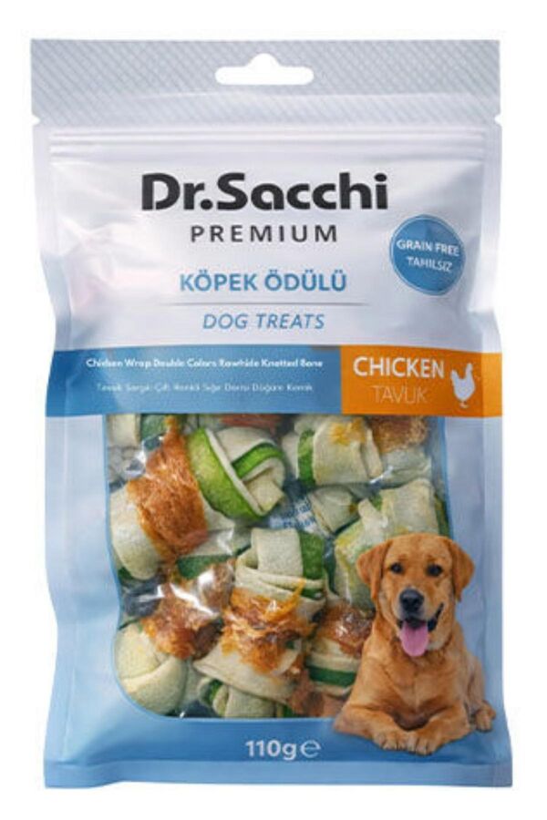Dr.Sacchi Premium Tavuk Sargılı Çift Renkli Sığır Derisi Düğüm Kemik Tahılsız Köpek Ödülü 2“ 8'li 110gr