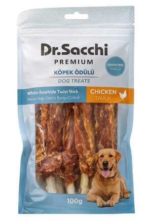 DR.SACCHI - Dr.Sacchi Premium Tavuklu Beyaz Sığır Derisi Burgu Çubuk Tahılsız Köpek Ödülü 5'' 5'li 100gr
