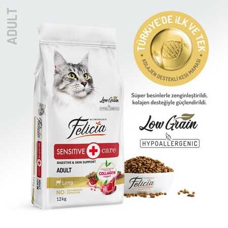 Felicia Düşük Tahıllı Hipoalerjenik Kuzu Etli Yetişkin Kedi Maması 12kg - Thumbnail