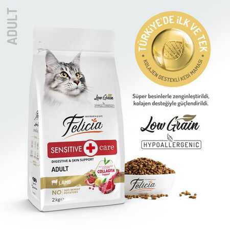 Felicia Düşük Tahıllı Kolajenli Hipoalerjenik Kuzu Etli Yetişkin Kedi Maması 2kg - Thumbnail