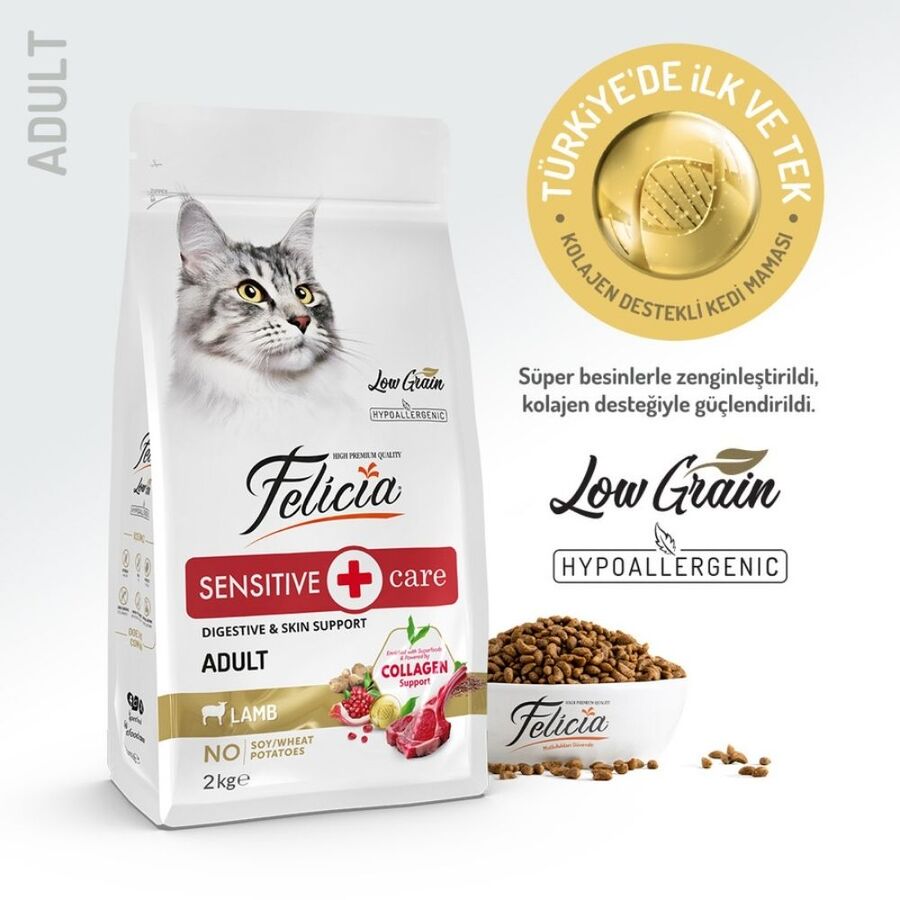 Felicia Düşük Tahıllı Kolajenli Hipoalerjenik Kuzu Etli Yetişkin Kedi Maması 2kg