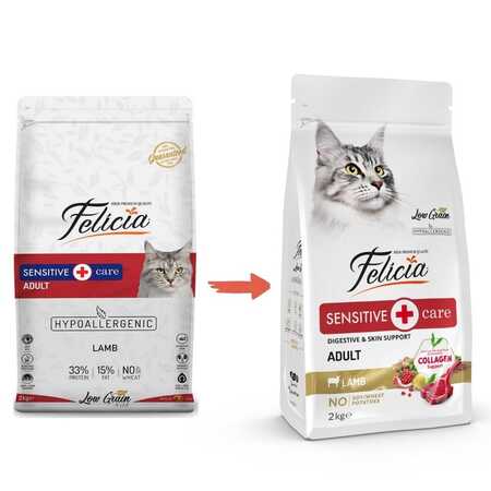 Felicia Düşük Tahıllı Kolajenli Hipoalerjenik Kuzu Etli Yetişkin Kedi Maması 2kg - Thumbnail
