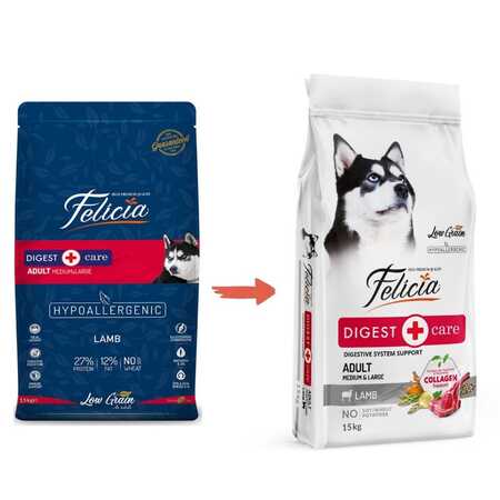 Felicia Düşük Tahıllı Hipoalerjenik Kuzu Etli Orta ve Büyük Irk Yetişkin Köpek Maması 15kg - Thumbnail (1)