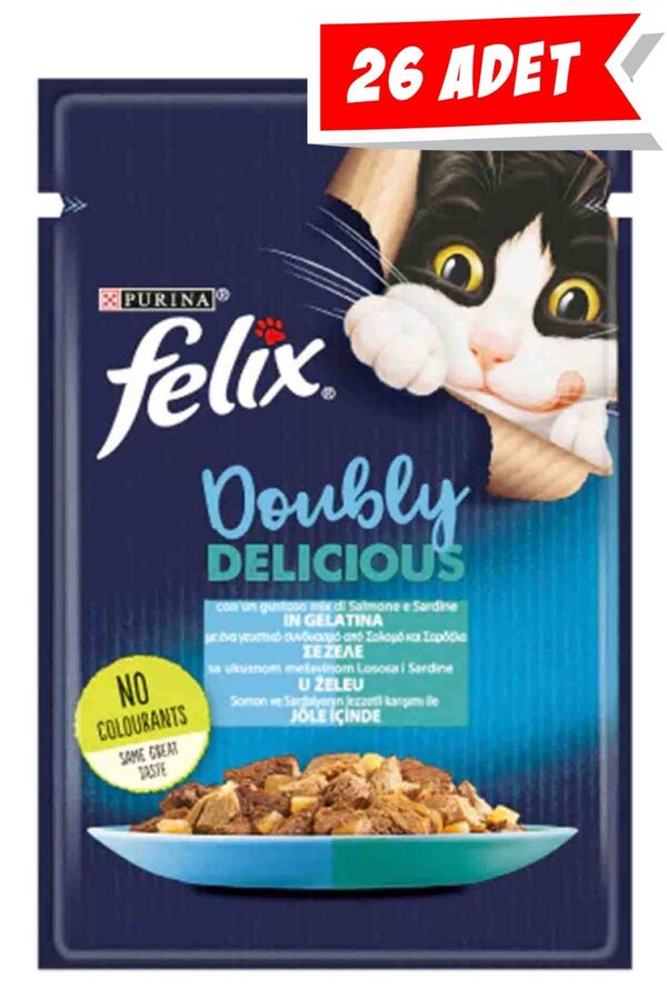 Felix Çifte Lezzet Somonlu ve Sardalyalı Kedi Konservesi 26x85gr 26lı Felix Çifte Lezzet Somonlu ve Sardalyalı Kedi Konservesi 26x85gr 26lı