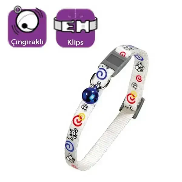 FLAMINGO - Flamingo Zilli Kedi Boyun Tasması 30cm Fare Desenli Beyaz