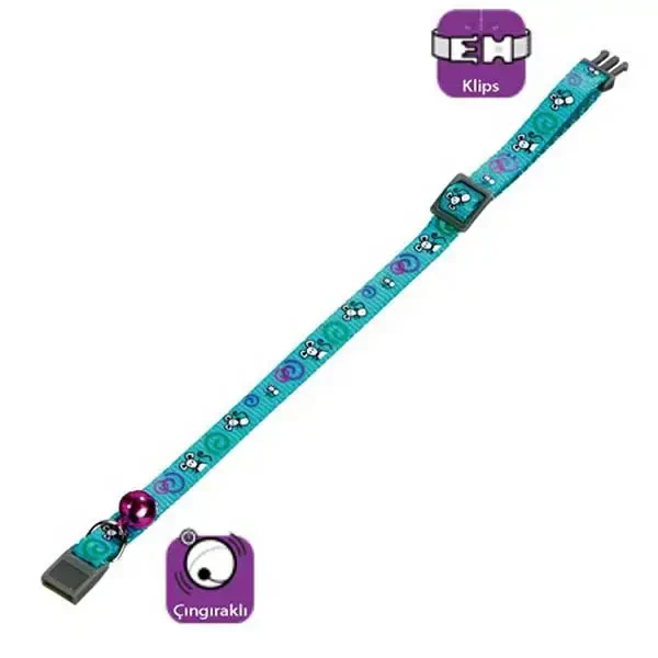 FLAMINGO - Flamingo Zilli Kedi Boyun Tasması 30cm Fare Desenli Turkuaz