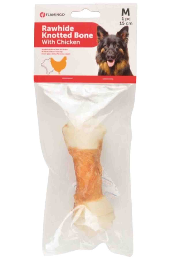 Flamingo Tavuk Parçacıklı Düğümlü Deri Köpek Kemiği 15cm 70gr Flamingo Tavuk Parçacıklı Düğümlü Deri Köpek Kemiği 15cm 70gr