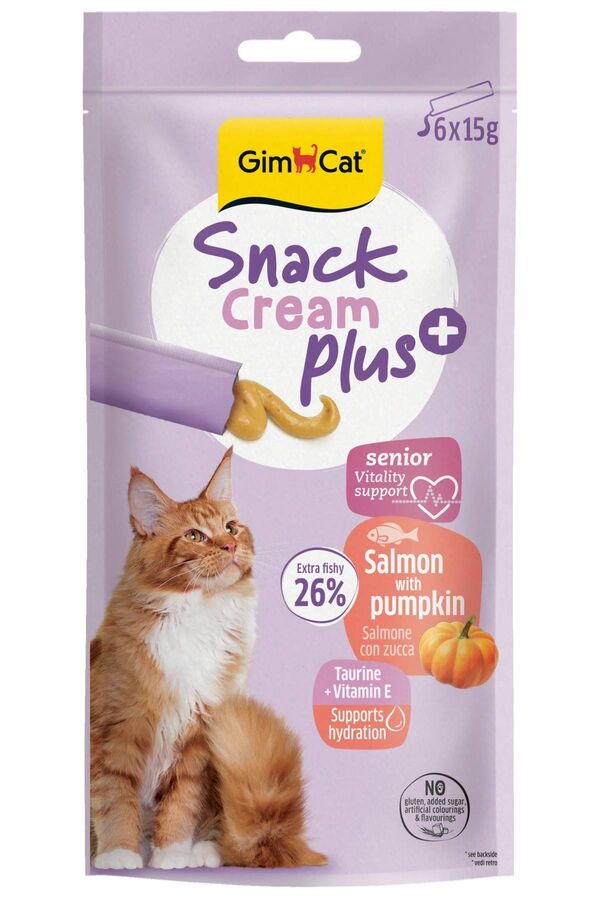 Gimcat Snack Cream Senior Somonlu ve Balkabaklı Krema Yaşlı Kedi Ödülü 6x15gr