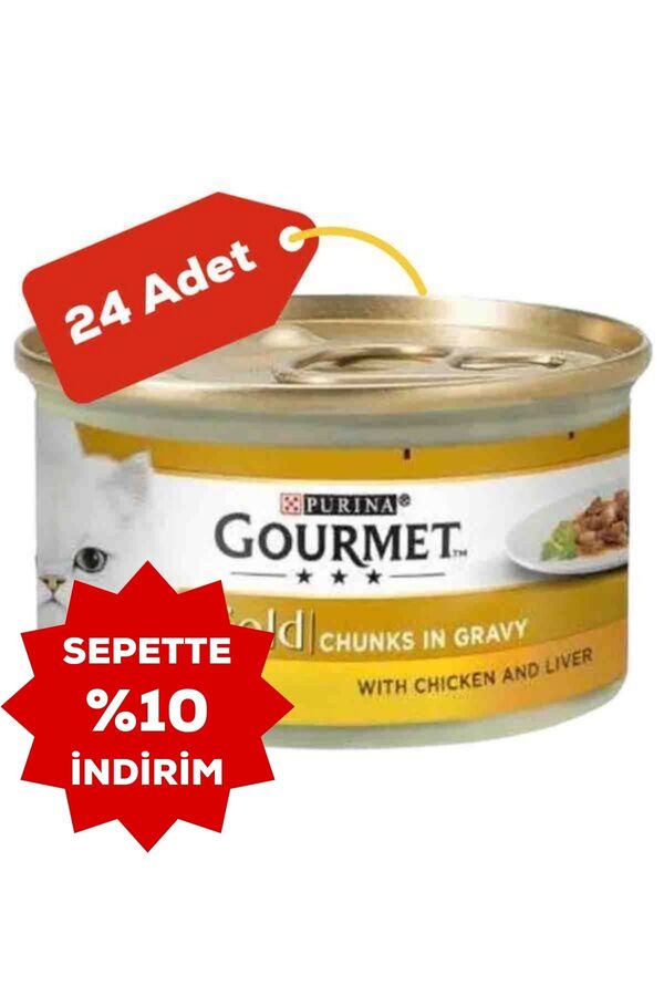 Gourmet Gold Tavuk ve Ciğer Parça Et Soslu Yetişkin Kedi Konservesi 24x85gr 24lü