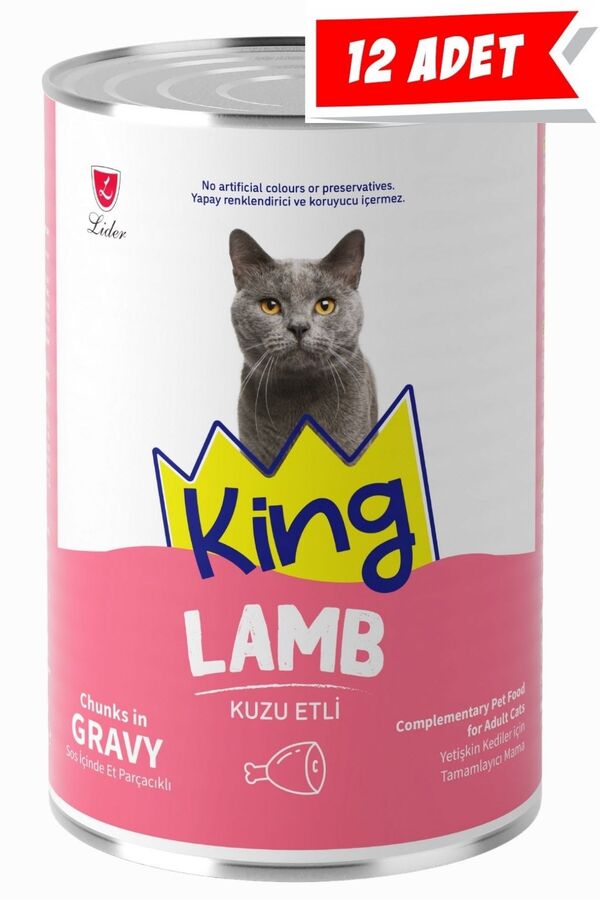 King Sos İçerisinde Et Parçacıklı Kuzu Etli Yetişkin Kedi Konservesi 12x400gr 12lli