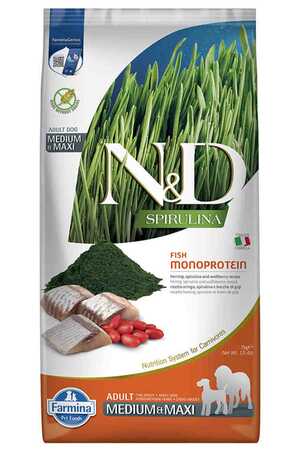 N&D Spirulina Ringa Balıklı Orta ve Büyük Irk Tahılsız Yetişkin Köpek Maması 7kg