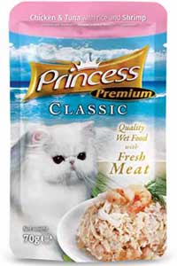 EvineMama - Princess Classic Pouch Tavuklu Ton Balıklı Karidesli ve Pirinçli Yetişkin Kedi Konservesi 70gr