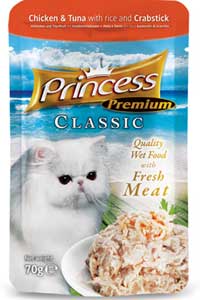EvineMama - Princess Classic Gold Pouch Tavuklu Ton Balıklı Yengeçli ve Pirinçli Yetişkin Kedi Konservesi 70gr