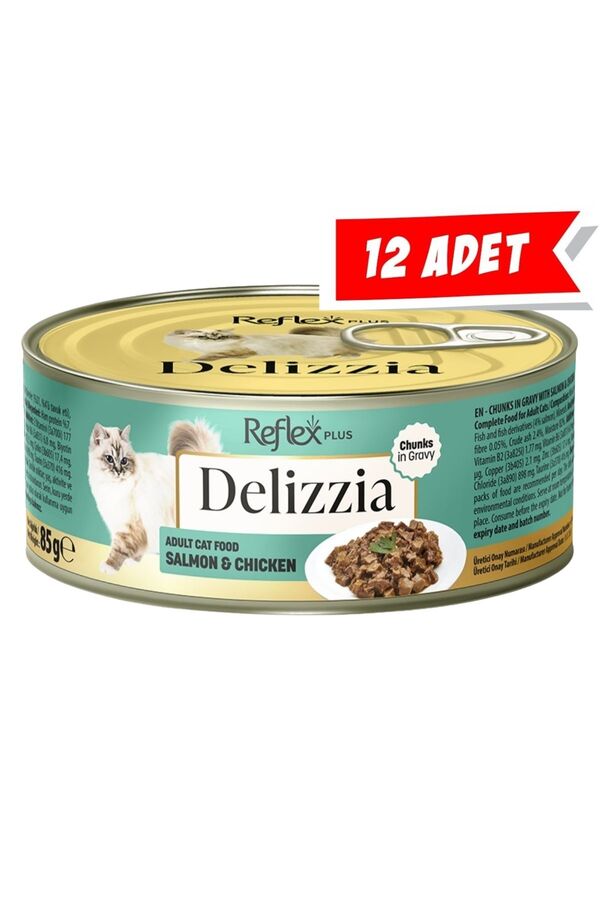 Reflex Plus Delizzia Sos İçinde Parça Etli Somonlu ve Tavuklu Yetişkin Kedi Konservesi (12x85gr) 12li