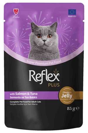 REFLEX - Reflex Plus Jöle İçinde Et Parçacıklı Somonlu ve Ton Balıklı Yetişkin Kedi Konservesi 85gr