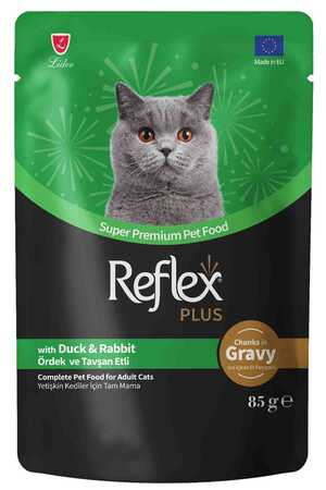 REFLEX - Reflex Plus Sos İçinde Et Parçacıklı Ördekli ve Tavşanlı Yetişkin Kedi Konservesi 85gr