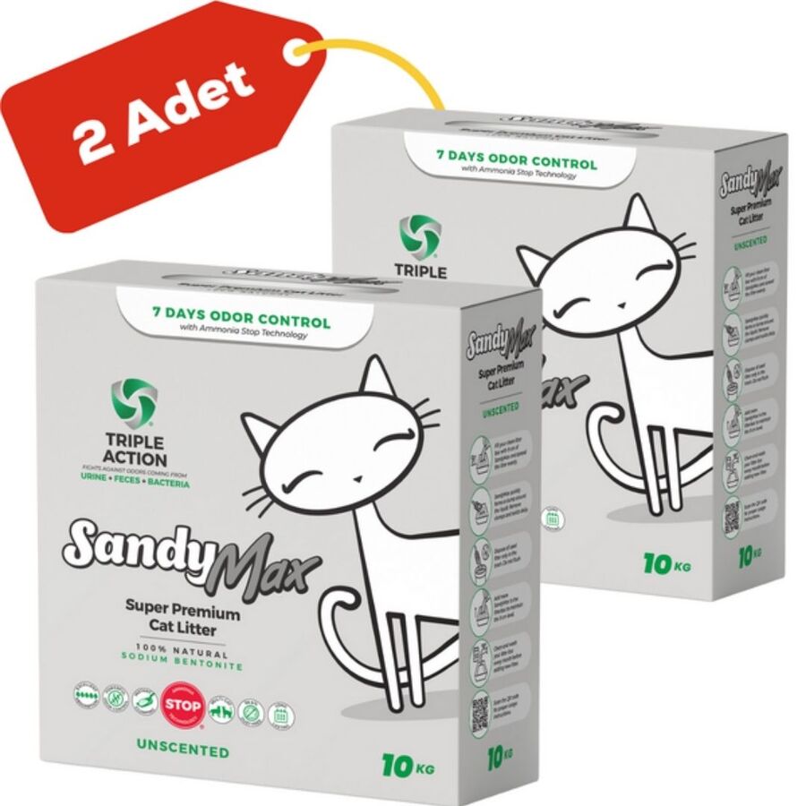 Sandy Max Triple Action Aktif Karbonlu Bentonit Kedi Kumu 10kg 2li Paket (10kg+10kg)