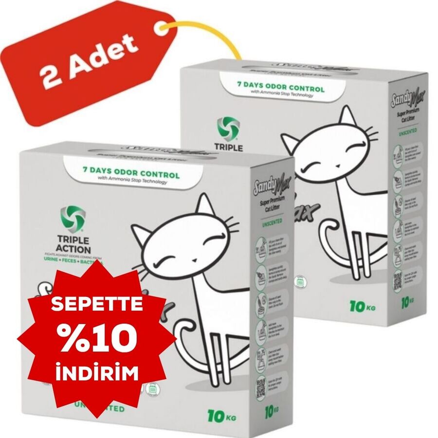 Sandy Max Triple Action Aktif Karbonlu Bentonit Kedi Kumu 10kg 2li Paket (10kg+10kg)