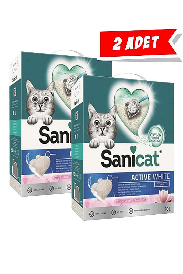 Sanicat Active White Oksijen Kontrollü Koku Emici Lotus Çiçeği Kokulu Ultra Topaklanan Kedi Kumu 10lt (2 Adet) - 1