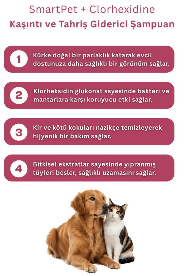 SmartPet + Clorhexidine Kedi ve Köpekler için Kaşıntı ve Tahriş Giderici Şampuan 250ml SmartPet + Clorhexidine Kedi ve Köpekler için Kaşıntı ve Tahriş Giderici Şampuan 250ml