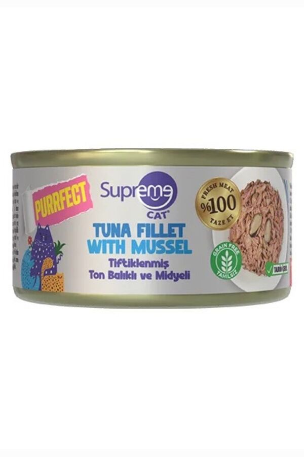 Supreme Purrfect Tiftiklenmiş Ton Balıklı ve Midyeli Yetişkin Kedi Konservesi 70gr