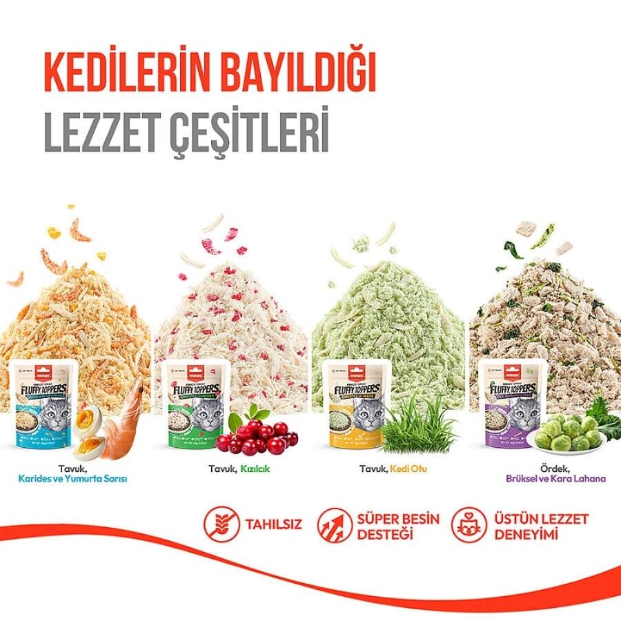 Wanpy Dondurularak Kurutulmuş Fluffy Toppers Ördek Brüksel ve Kara Lahanalı Kedi Ödül Maması 30gr