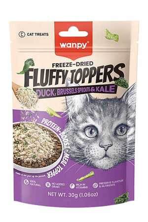 WANPY - Wanpy Dondurularak Kurutulmuş Fluffy Toppers Ördek Brüksel ve Kara Lahanalı Kedi Ödül Maması 30gr