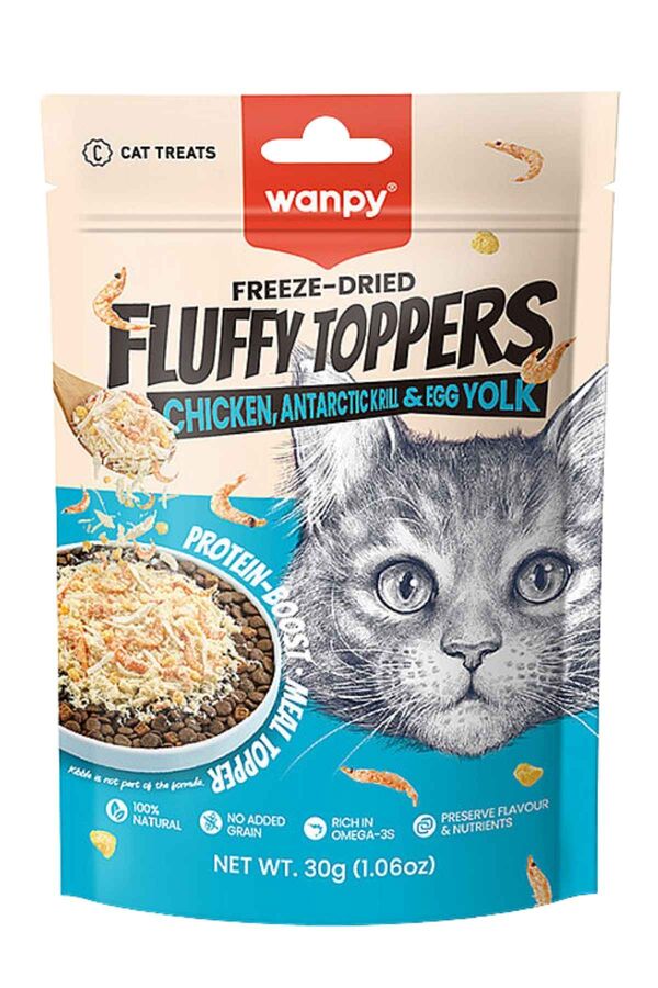 Wanpy Dondurularak Kurutulmuş Fluffy Toppers Tavuk Karides ve Yumurta Sarılı Kedi Ödül Maması 30gr
